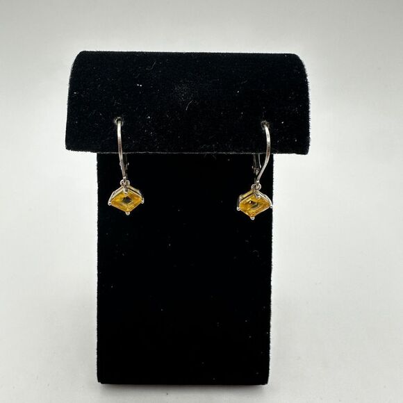 1" sterling silver lever back, princess cut citrine dangle earrings! - Picture 8 of 12